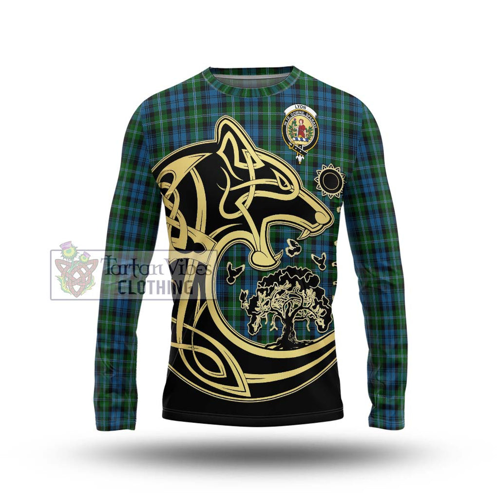 Lyon Tartan Long Sleeve T-Shirt with Family Crest Celtic Wolf Style Unisex - Tartan Vibes Clothing