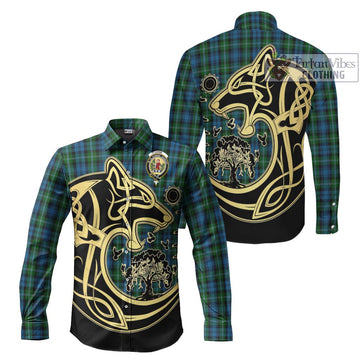 Lyon Tartan Long Sleeve Button Shirt with Family Crest Celtic Wolf Style Men's Shirt S - Tartan Vibes Clothing