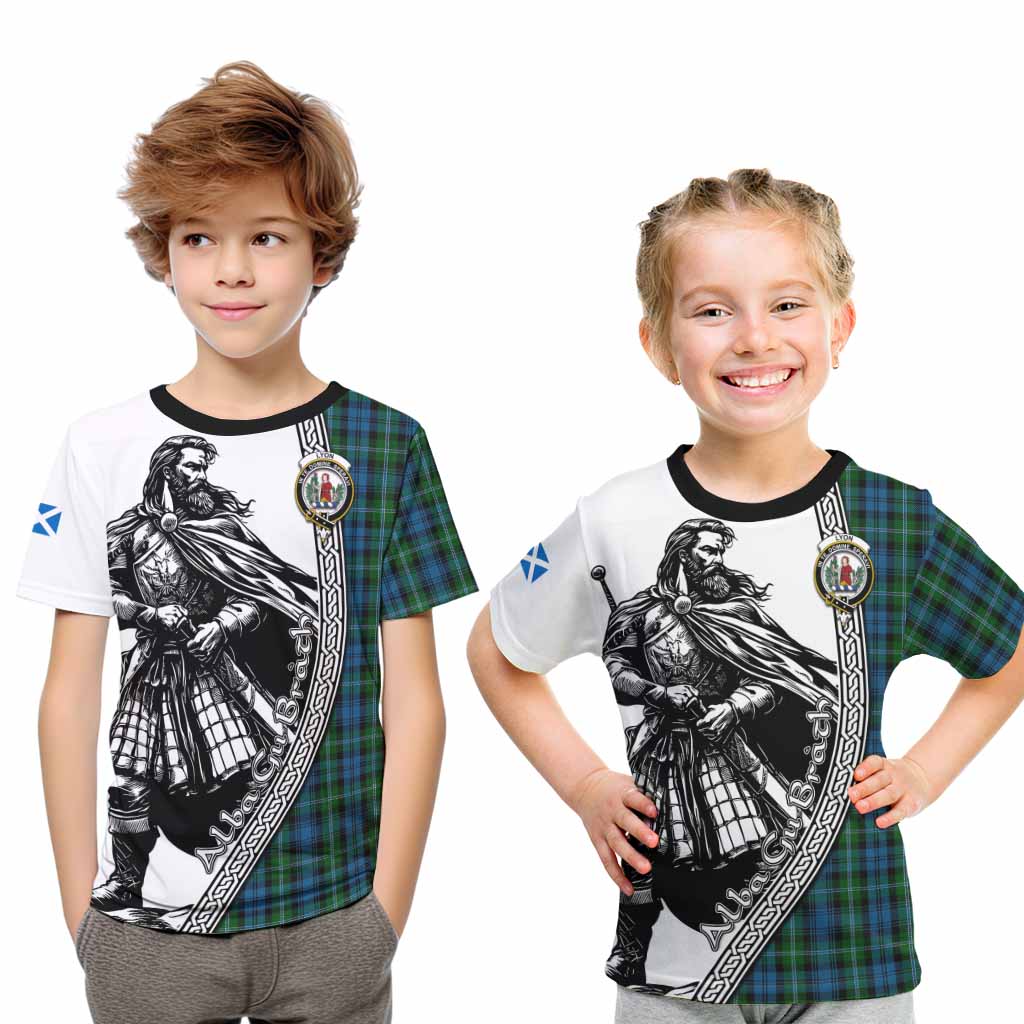 Lyon Tartan Clan Crest Kid T-Shirt with Highlander Warrior Celtic Style Youth XL Size14 - Tartan Vibes Clothing