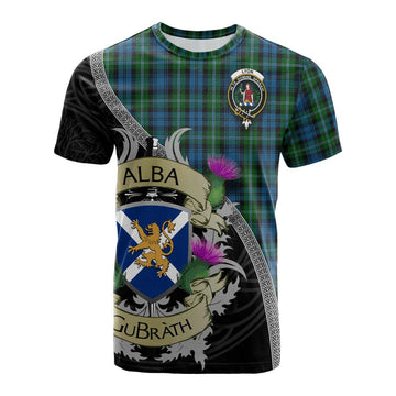 Lyon Tartan Family Crest Cotton T-shirt Lion Rampant Royal Thistle Shield Celtic Inspired