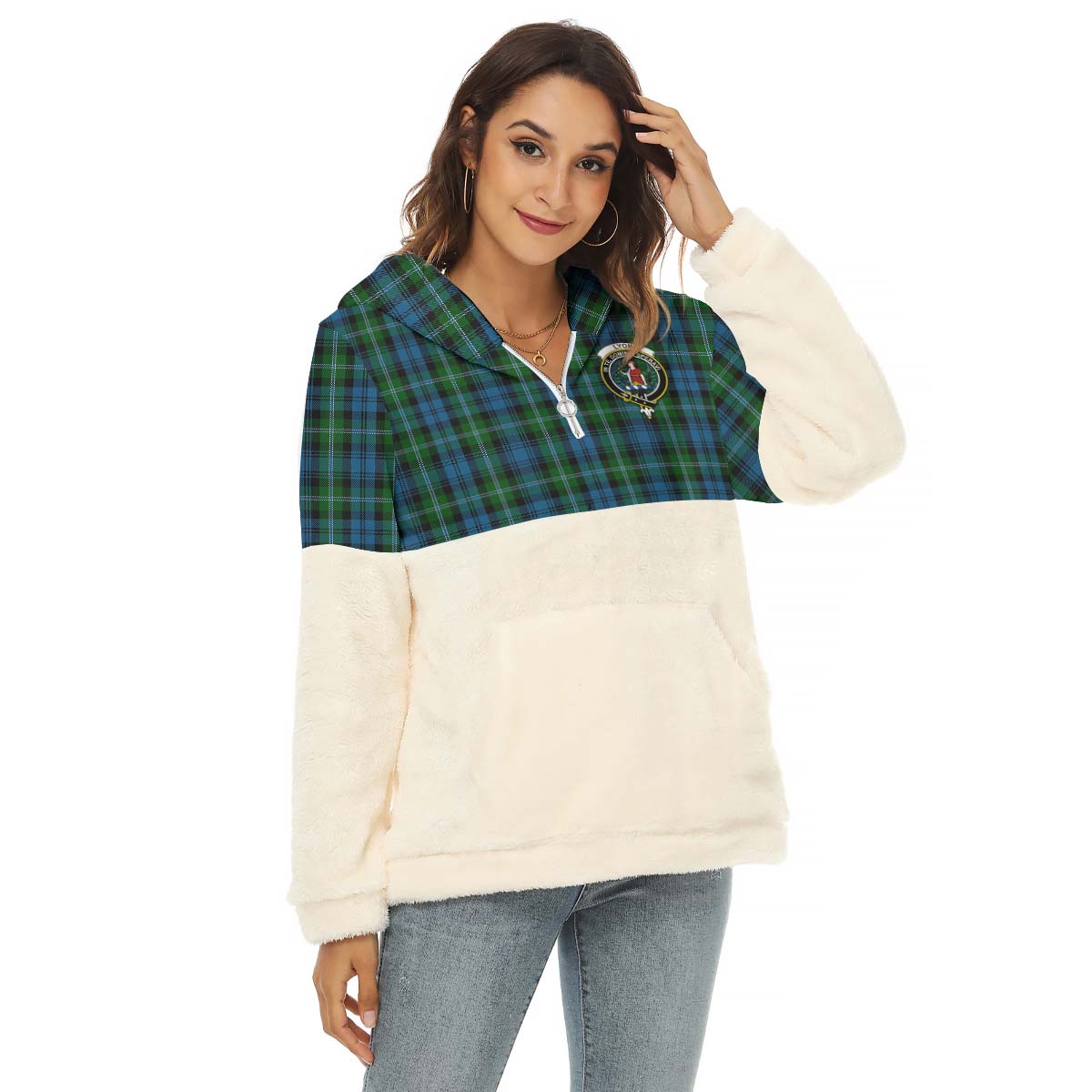 Lyon Tartan Half Style Women's Borg Fleece Hoodie with Half Zip with Family Crest Female - Tartan Vibes Clothing