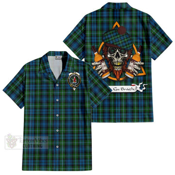 Lyon Tartan Hawaiian Shirt with Family Crest and Bearded Skull Holding Bottles of Whiskey Kid - Tartan Vibes Clothing