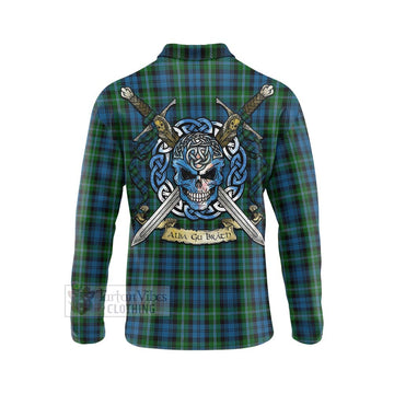 Lyon Tartan Long Sleeve Polo Shirt with Family Crest Celtic Skull Style - Tartan Vibes Clothing