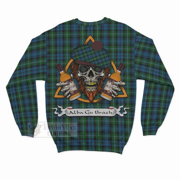 Lyon Tartan Sweatshirt with Family Crest and Bearded Skull Holding Bottles of Whiskey - Tartan Vibes Clothing