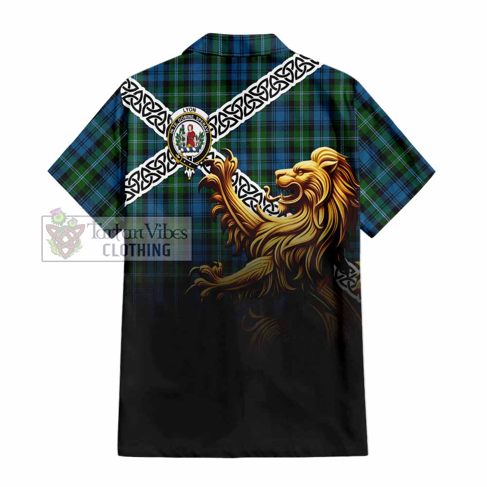 Lyon Crest Tartan Hawaiian Shirt with Golden Lion Emblem Celtic Style - Tartan Vibes Clothing