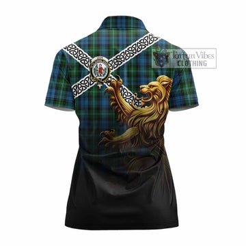 Lyon Crest Tartan Women's Polo Shirt with Golden Lion Emblem Celtic Style - Tartan Vibes Clothing