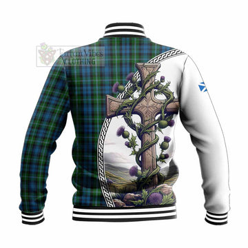 Lyon Tartan Baseball Jacket with Family Crest and St. Andrew's Cross Accented by Thistle Vines - Tartan Vibes Clothing