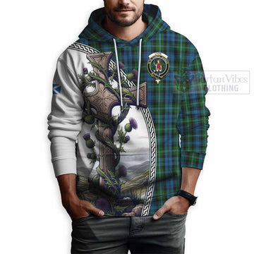 Lyon Tartan Hoodie with Family Crest and St. Andrew's Cross Accented by Thistle Vines - Tartan Vibes Clothing