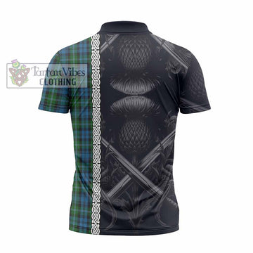 Lyon Tartan Zipper Polo Shirt with Family Crest Cross Sword Thistle Celtic Vibes - Tartan Vibes Clothing