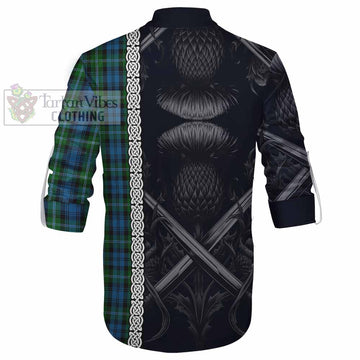 Lyon Tartan Ghillie Kilt Shirt with Family Crest Cross Sword Thistle Celtic Vibes - Tartan Vibes Clothing