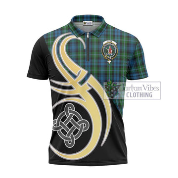 Lyon Tartan Zipper Polo Shirt with Family Crest and Celtic Symbol Style - Tartan Vibes Clothing