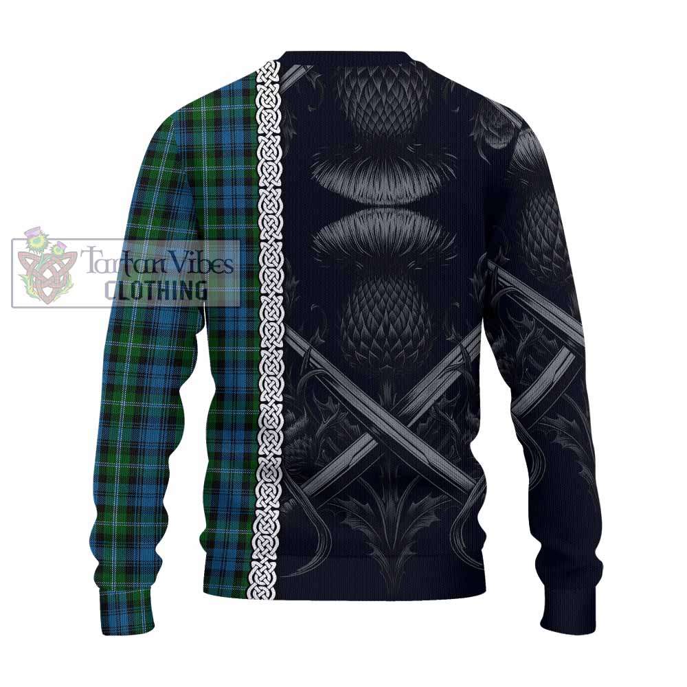 Lyon Tartan Knitted Sweater with Family Crest Cross Sword Thistle Celtic Vibes - Tartan Vibes Clothing