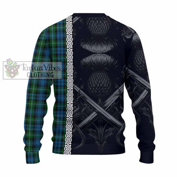 Lyon Tartan Knitted Sweater with Family Crest Cross Sword Thistle Celtic Vibes - Tartan Vibes Clothing
