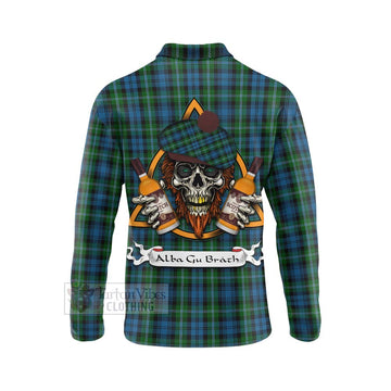 Lyon Tartan Long Sleeve Polo Shirt with Family Crest and Bearded Skull Holding Bottles of Whiskey - Tartan Vibes Clothing
