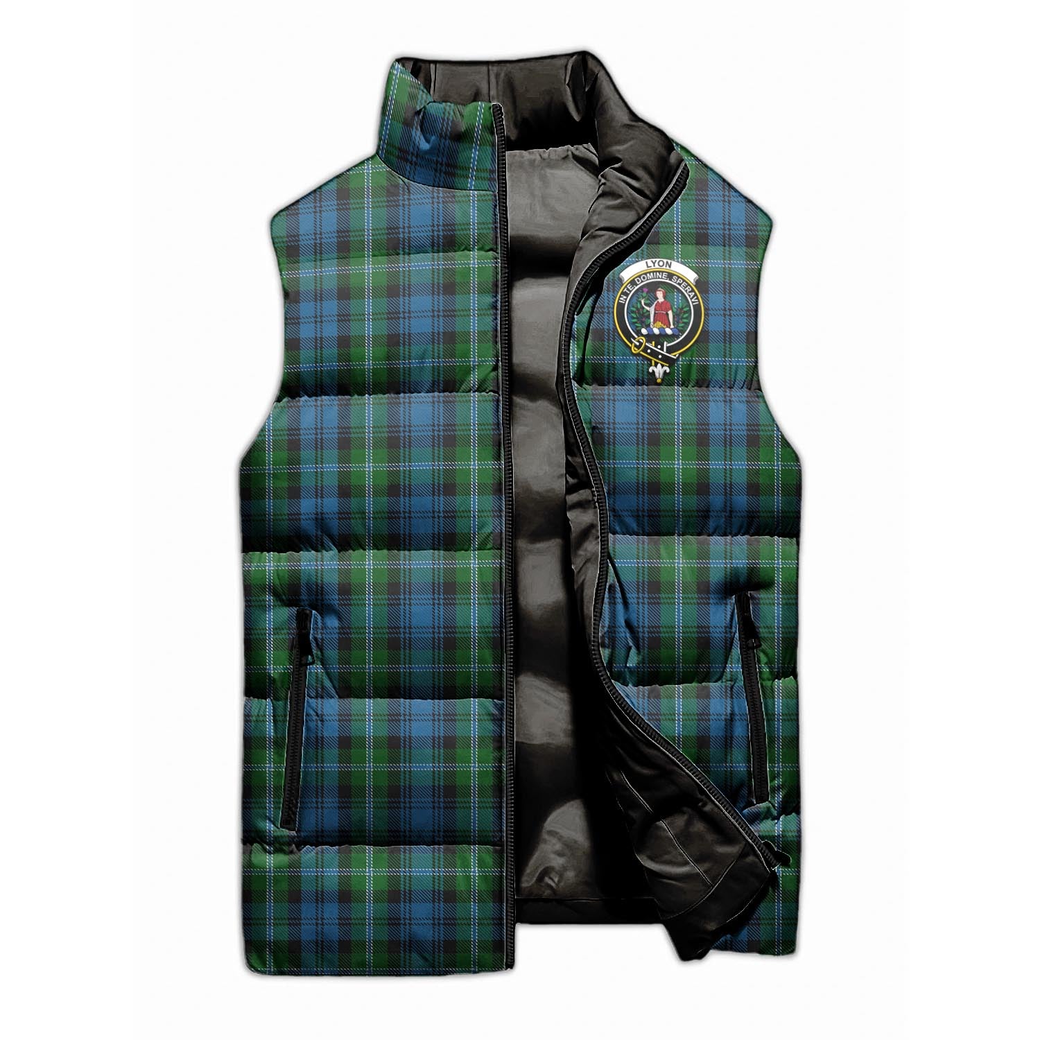 Lyon Tartan Sleeveless Puffer Jacket with Family Crest - Tartan Vibes Clothing