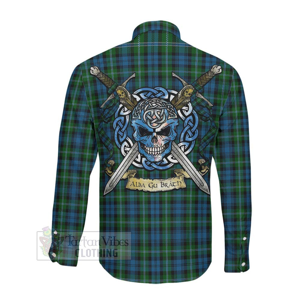 Lyon Tartan Long Sleeve Button Shirt with Family Crest Celtic Skull Style Men's Shirt - Tartan Vibes Clothing