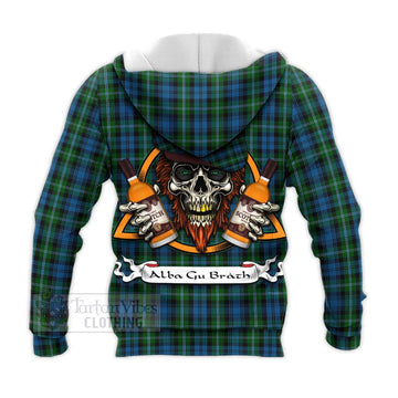 Lyon Tartan Knitted Hoodie with Family Crest and Bearded Skull Holding Bottles of Whiskey - Tartan Vibes Clothing