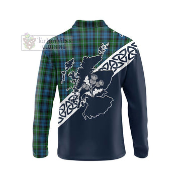 Lyon Tartan Long Sleeve Polo Shirt Featuring Thistle and Scotland Map - Tartan Vibes Clothing