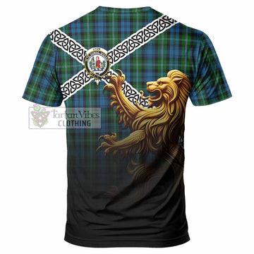 Lyon Crest Tartan T-Shirt with Golden Lion Emblem Celtic Style