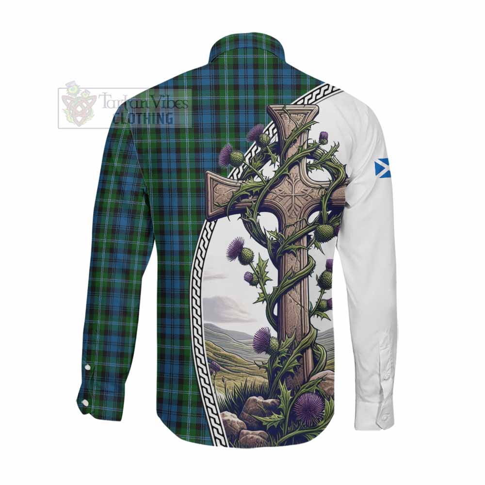 Lyon Tartan Long Sleeve Button Shirt with Family Crest and St. Andrew's Cross Accented by Thistle Vines Men's Shirt - Tartan Vibes Clothing