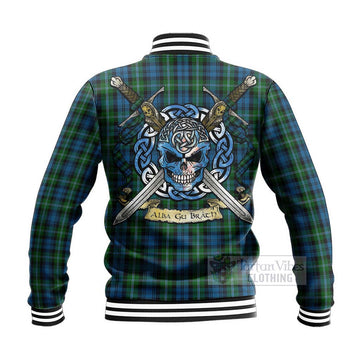 Lyon Tartan Baseball Jacket with Family Crest Celtic Skull Style - Tartan Vibes Clothing