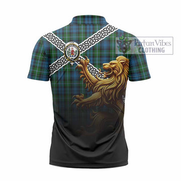 Lyon Crest Tartan Zipper Polo Shirt with Golden Lion Emblem Celtic Style - Tartan Vibes Clothing