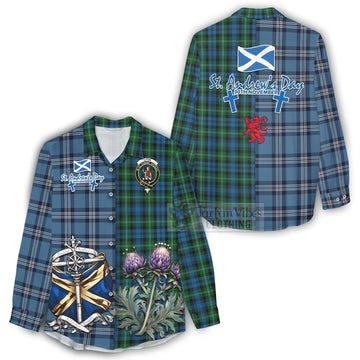 Lyon Tartan Women's Casual Shirt Happy St. Andrew's Day Half Tartan Style - Tartan Vibes Clothing