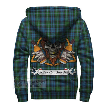 Lyon Tartan Sherpa Hoodie with Family Crest and Bearded Skull Holding Bottles of Whiskey - Tartan Vibes Clothing