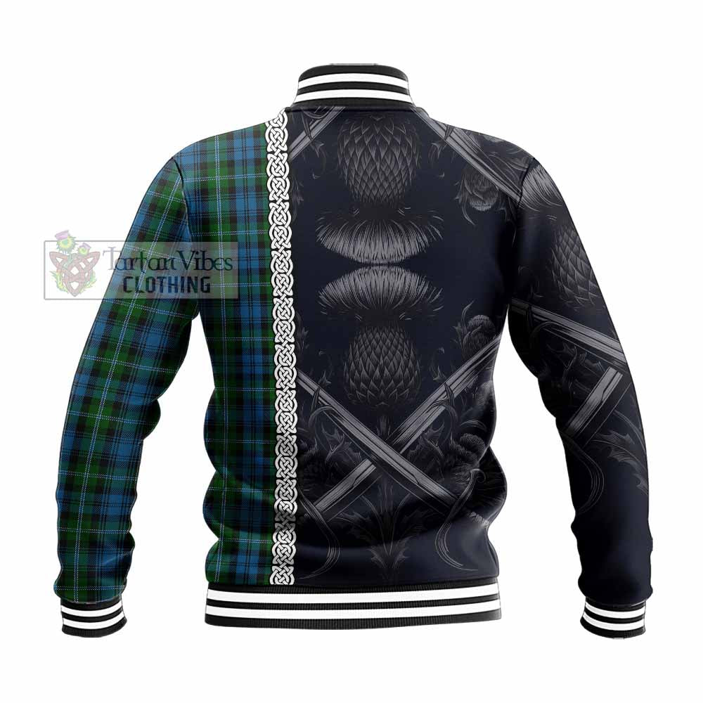 Lyon Tartan Baseball Jacket with Family Crest Cross Sword Thistle Celtic Vibes - Tartan Vibes Clothing