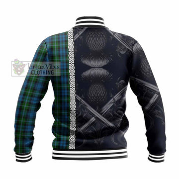 Lyon Tartan Baseball Jacket with Family Crest Cross Sword Thistle Celtic Vibes - Tartan Vibes Clothing