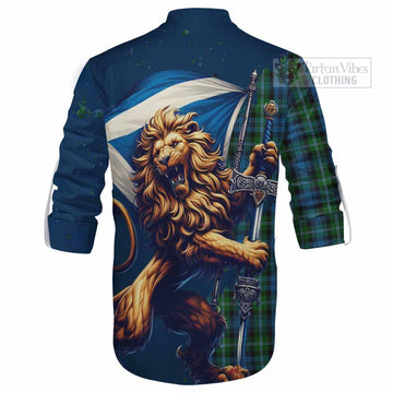 Lyon Tartan Family Crest Ghillie Kilt Shirt with Scottish Majestic Lion - Tartan Vibes Clothing