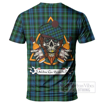 Lyon Tartan T-Shirt with Family Crest and Bearded Skull Holding Bottles of Whiskey