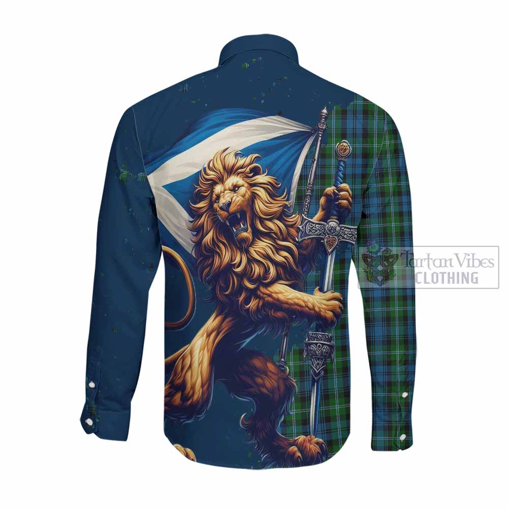 Lyon Tartan Family Crest Long Sleeve Button Shirt with Scottish Majestic Lion Men's Shirt - Tartan Vibes Clothing