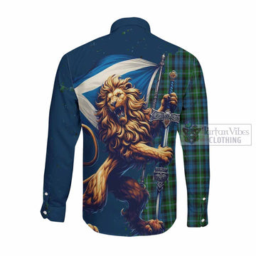 Lyon Tartan Family Crest Long Sleeve Button Shirt with Scottish Majestic Lion Men's Shirt - Tartan Vibes Clothing