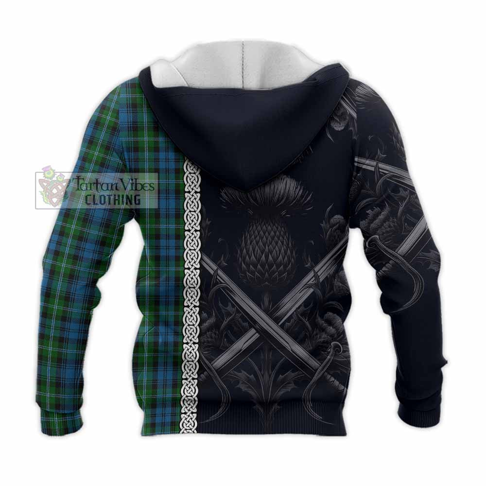 Lyon Tartan Knitted Hoodie with Family Crest Cross Sword Thistle Celtic Vibes - Tartan Vibes Clothing