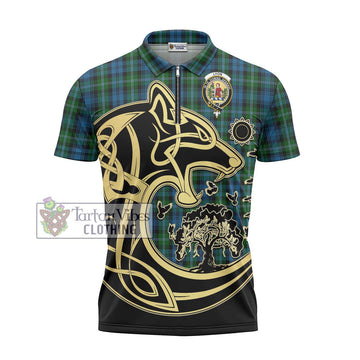 Lyon Tartan Zipper Polo Shirt with Family Crest Celtic Wolf Style - Tartan Vibes Clothing