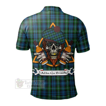 Lyon Tartan Polo Shirt with Family Crest and Bearded Skull Holding Bottles of Whiskey - Tartan Vibes Clothing