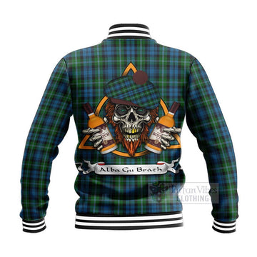 Lyon Tartan Baseball Jacket with Family Crest and Bearded Skull Holding Bottles of Whiskey - Tartan Vibes Clothing