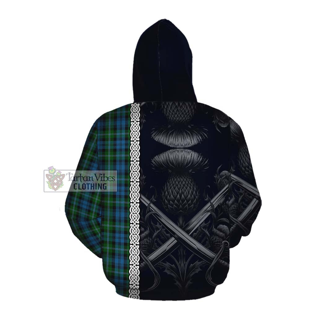 Lyon Tartan Cotton Hoodie with Family Crest Cross Sword Thistle Celtic Vibes Pullover Hoodie - Tartan Vibes Clothing