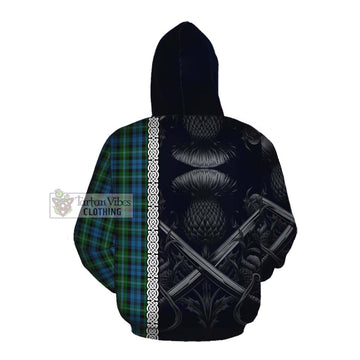 Lyon Tartan Cotton Hoodie with Family Crest Cross Sword Thistle Celtic Vibes Pullover Hoodie - Tartan Vibes Clothing