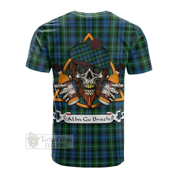 Lyon Tartan Cotton T-shirt with Family Crest and Bearded Skull Holding Bottles of Whiskey