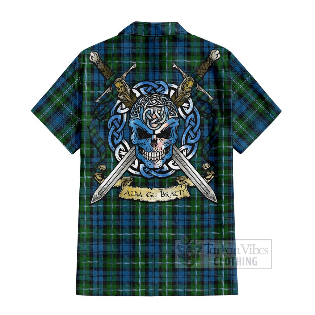 Lyon Tartan Hawaiian Shirt with Family Crest Celtic Skull Style - Tartan Vibes Clothing
