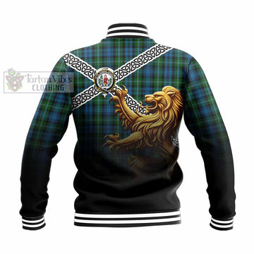Tartan Vibes Clothing Lyon Crest Tartan Baseball Jacket with Golden Lion Emblem Celtic Style