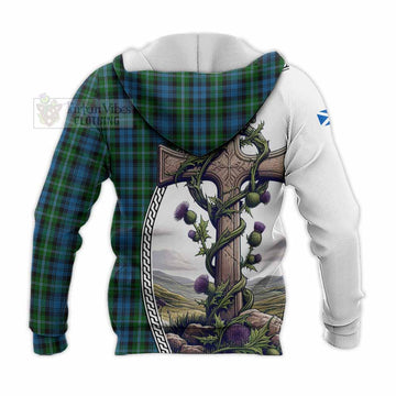 Lyon Tartan Knitted Hoodie with Family Crest and St. Andrew's Cross Accented by Thistle Vines - Tartan Vibes Clothing