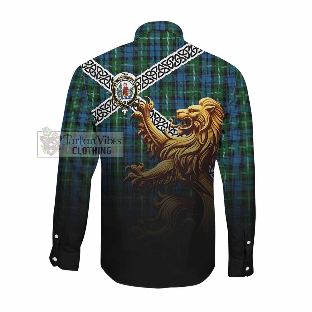 Lyon Crest Tartan Long Sleeve Button Shirt with Golden Lion Emblem Celtic Style Men's Shirt - Tartan Vibes Clothing