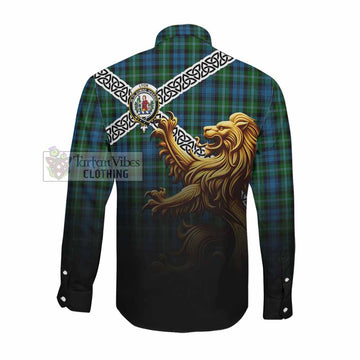 Lyon Crest Tartan Long Sleeve Button Shirt with Golden Lion Emblem Celtic Style Men's Shirt - Tartan Vibes Clothing