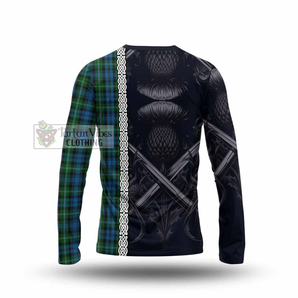 Lyon Tartan Long Sleeve T-Shirt with Family Crest Cross Sword Thistle Celtic Vibes - Tartan Vibes Clothing