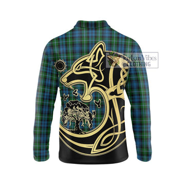 Lyon Tartan Long Sleeve Polo Shirt with Family Crest Celtic Wolf Style - Tartan Vibes Clothing