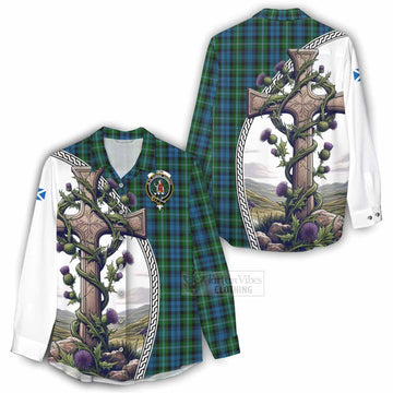 Lyon Tartan Women's Casual Shirt with Family Crest and St. Andrew's Cross Accented by Thistle Vines - Tartan Vibes Clothing