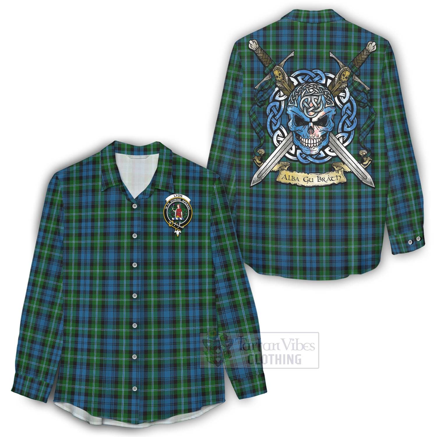 Lyon Tartan Women's Casual Shirt with Family Crest Celtic Skull Style - Tartan Vibes Clothing